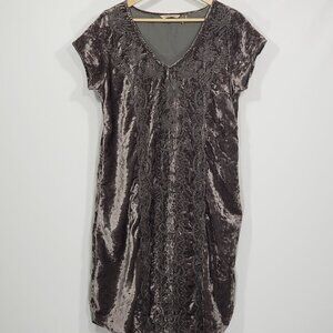 Soft Surroundings  Taupe Velvet Embroidered V-neck Dress  Medium